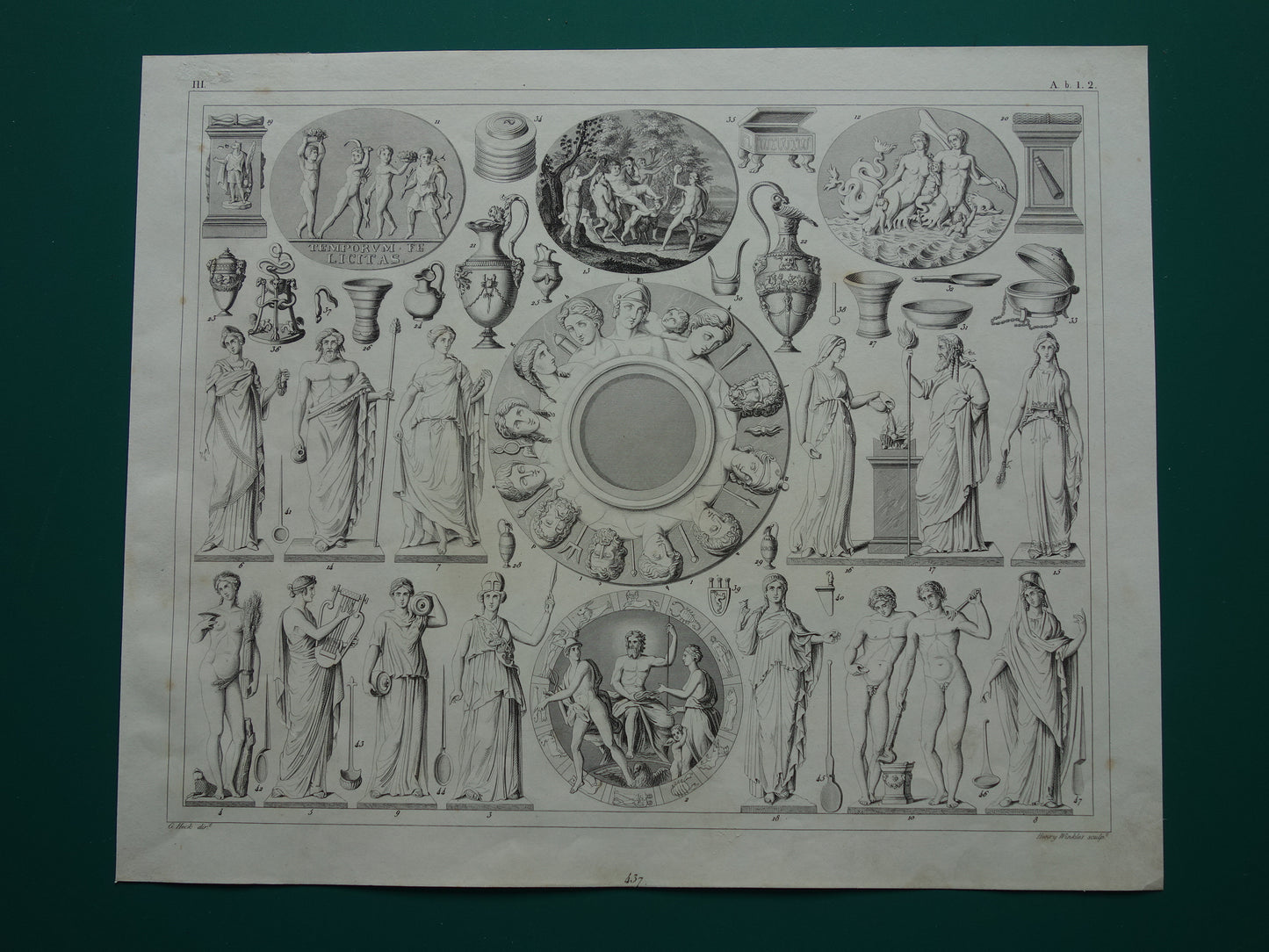 Griekse en Romeinse goden antieke prent Originele 175+ jaar oude illustratie Goden Religie Sculpturen Rituelen vintage religieuze prenten oudheid
