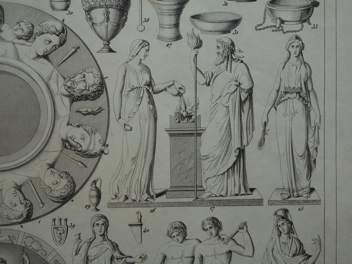 Griekse en Romeinse goden antieke prent Originele 175+ jaar oude illustratie Goden Religie Sculpturen Rituelen vintage religieuze prenten oudheid