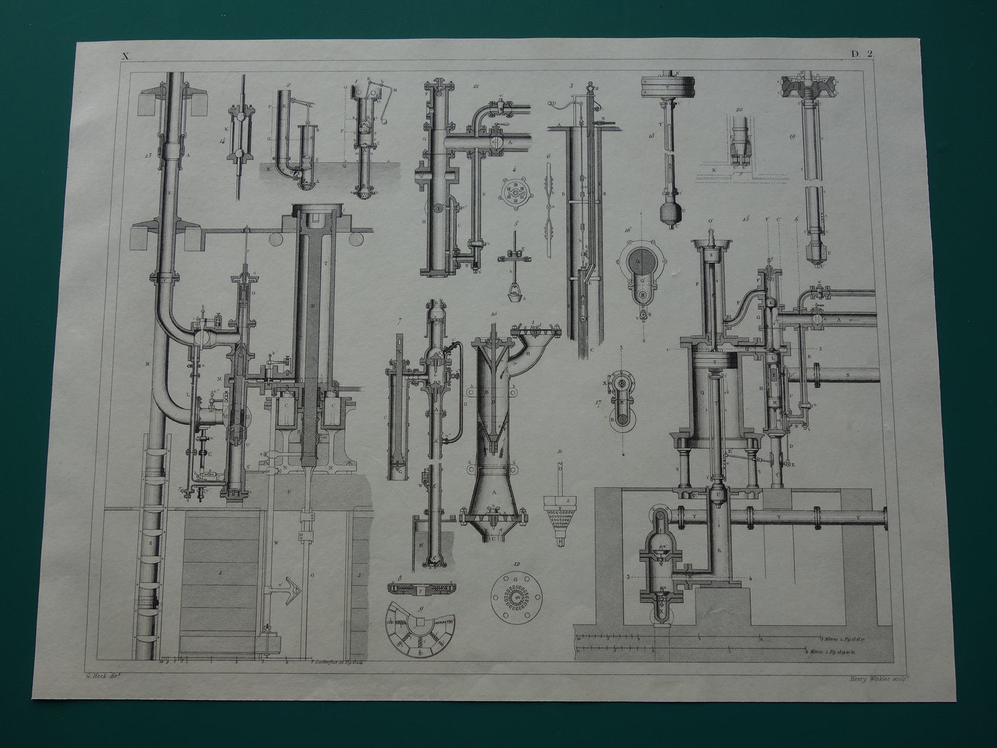 Oude technologie print van pomp- en waterpompen Originele antieke illustratie uit 1851 Pompen Machines Machine vintage wetenschap prent