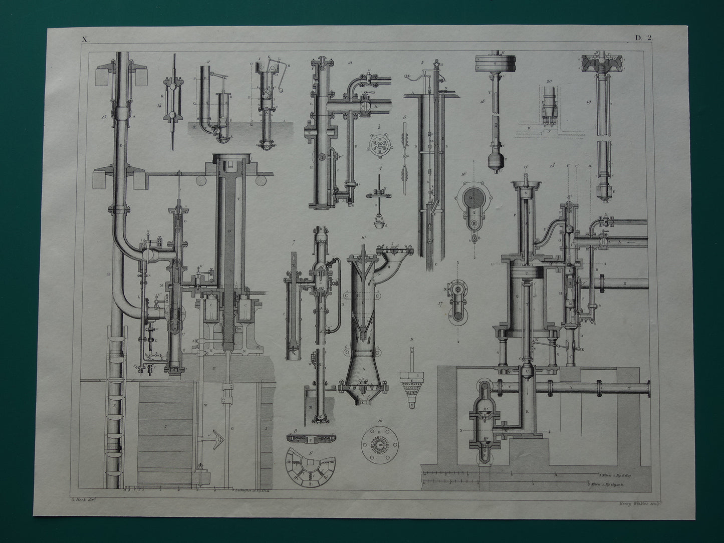 Oude technologie print van pomp- en waterpompen Originele antieke illustratie uit 1851 Pompen Machines Machine vintage wetenschap prent