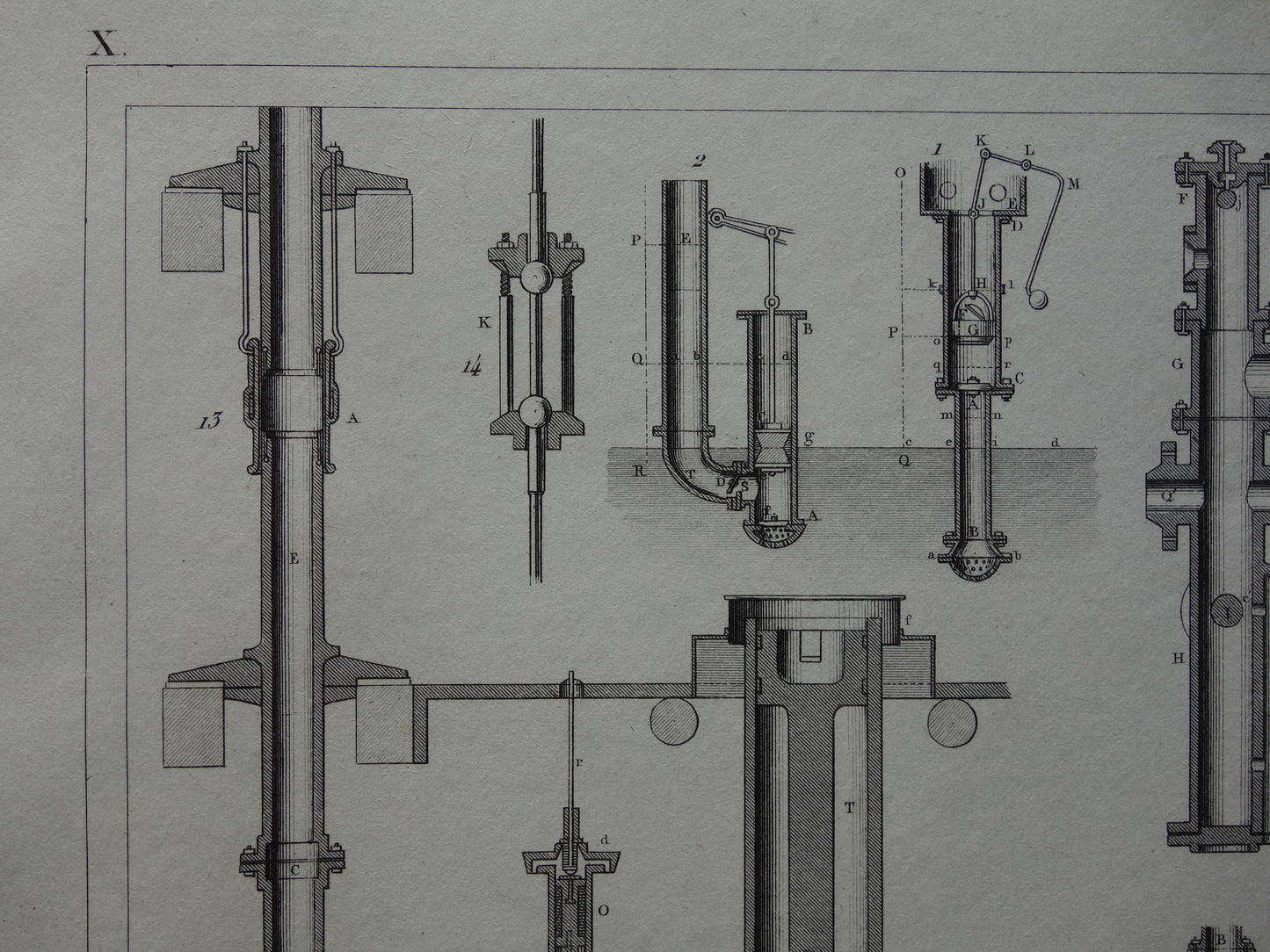 Oude technologie print van pomp- en waterpompen Originele antieke illustratie uit 1851 Pompen Machines Machine vintage wetenschap prent