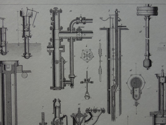 Oude technologie print van pomp- en waterpompen Originele antieke illustratie uit 1851 Pompen Machines Machine vintage wetenschap prent