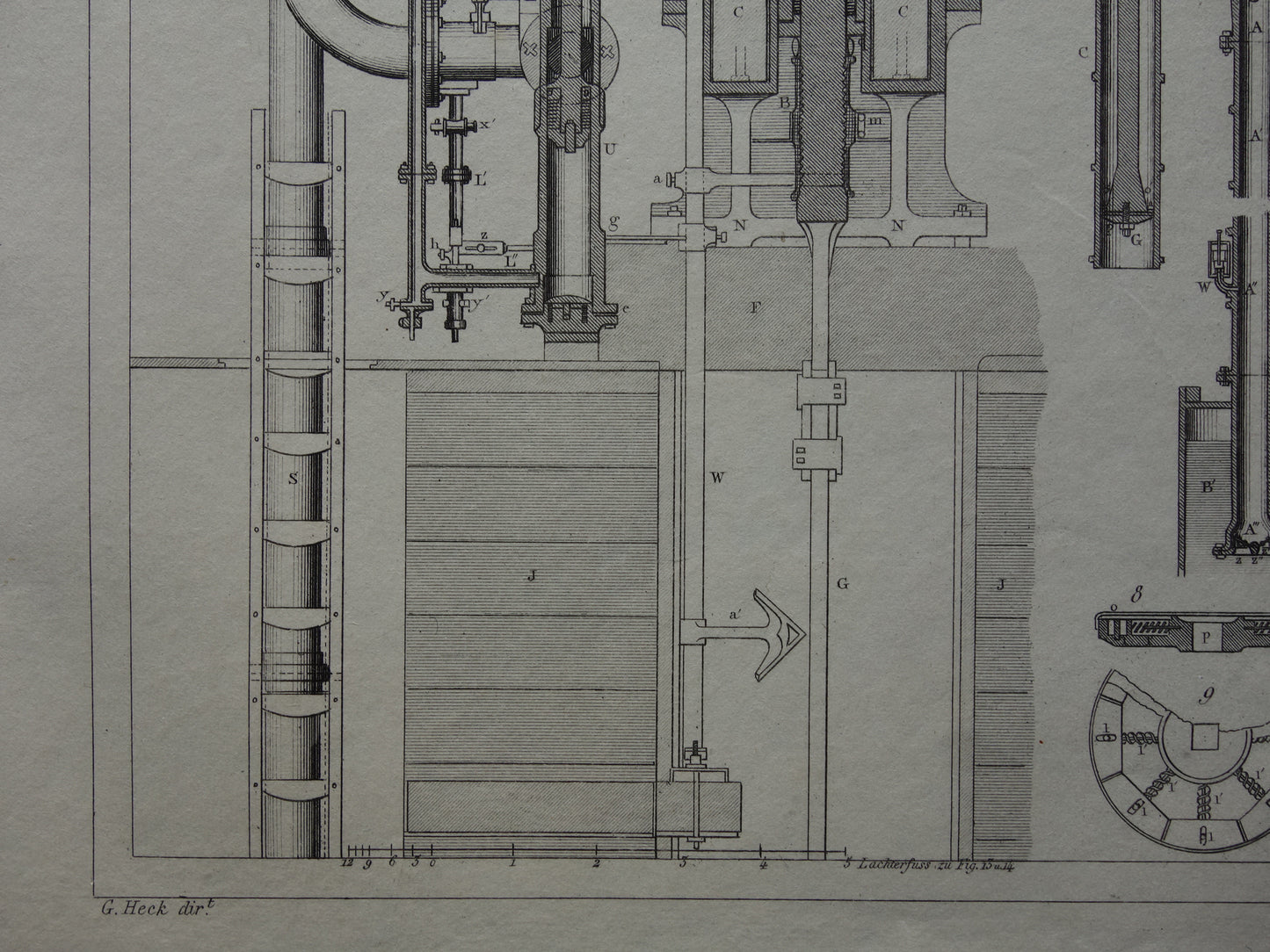 Oude technologie print van pomp- en waterpompen Originele antieke illustratie uit 1851 Pompen Machines Machine vintage wetenschap prent