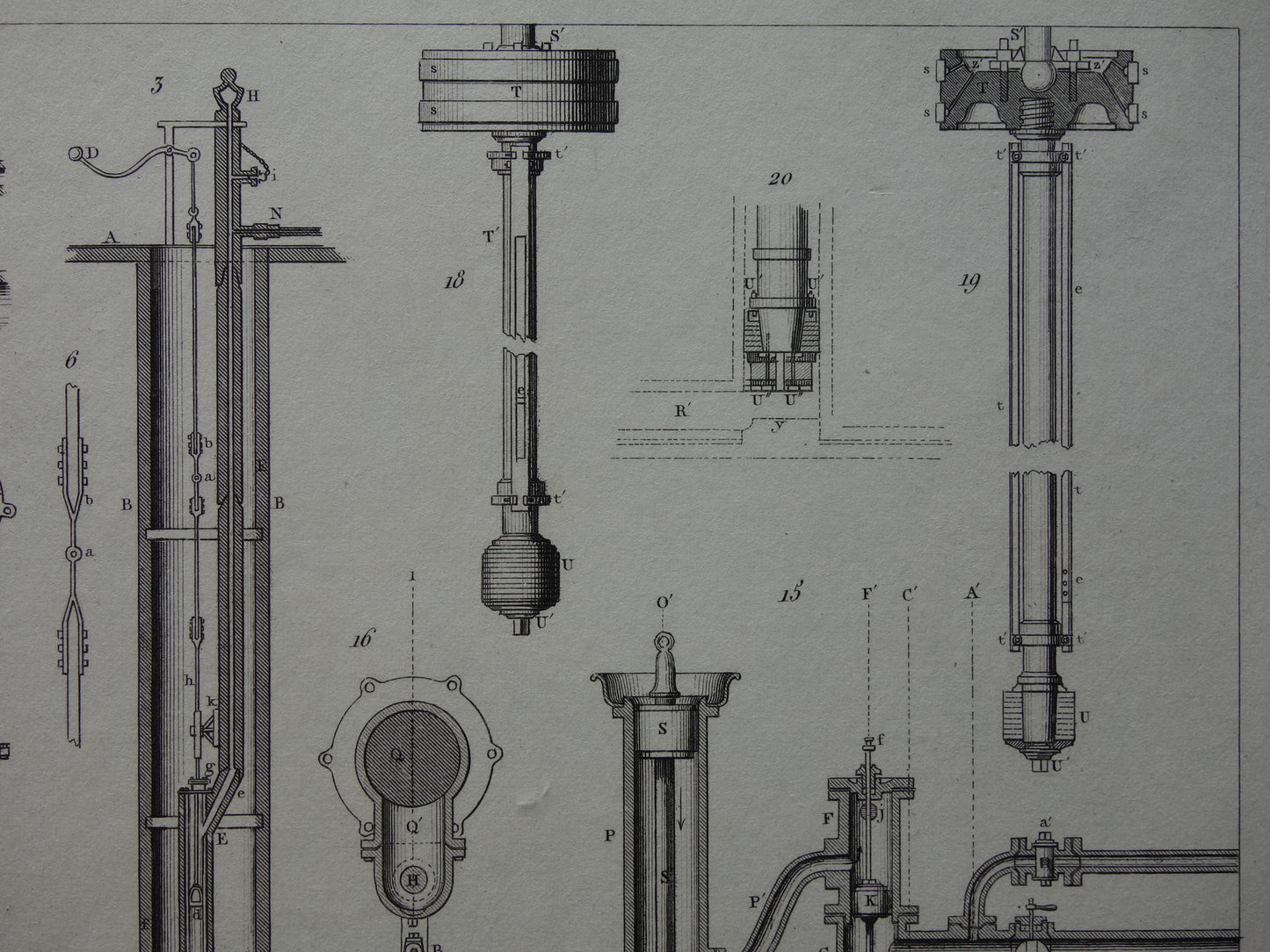 Oude technologie print van pomp- en waterpompen Originele antieke illustratie uit 1851 Pompen Machines Machine vintage wetenschap prent