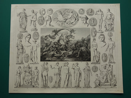 Griekse en Romeinse goden antieke print Originele 170+ jaar oude illustratie Sculpturen Minerva Diana Venus vintage religie prenten oudheid
