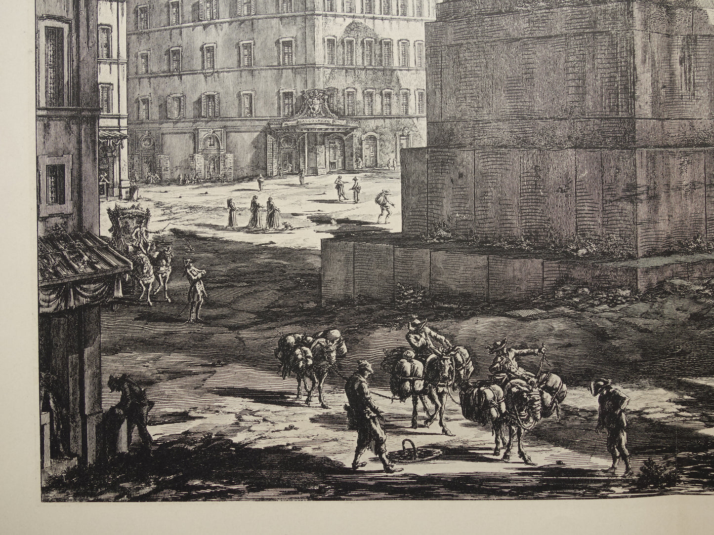 Oude prent van Piazza di Montecitorio in Rome uit 1886 antieke facsimile Piranesi uit Vedute di Roma vintage print