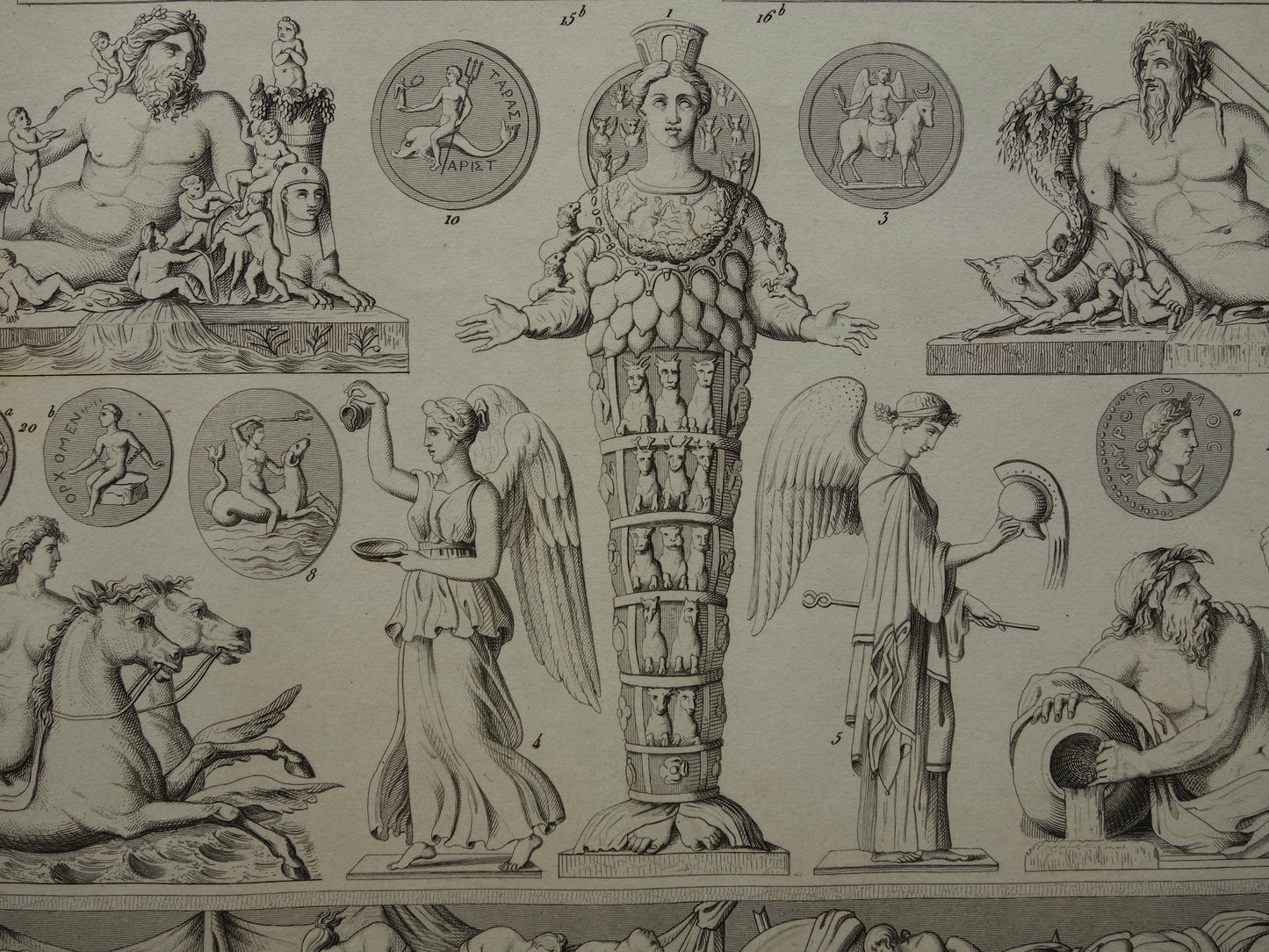 Griekse en Romeinse goden oude print Originele 170+ jaar oude illustratie God Sculpturen Diana Neptunus vintage religie prenten oudheid