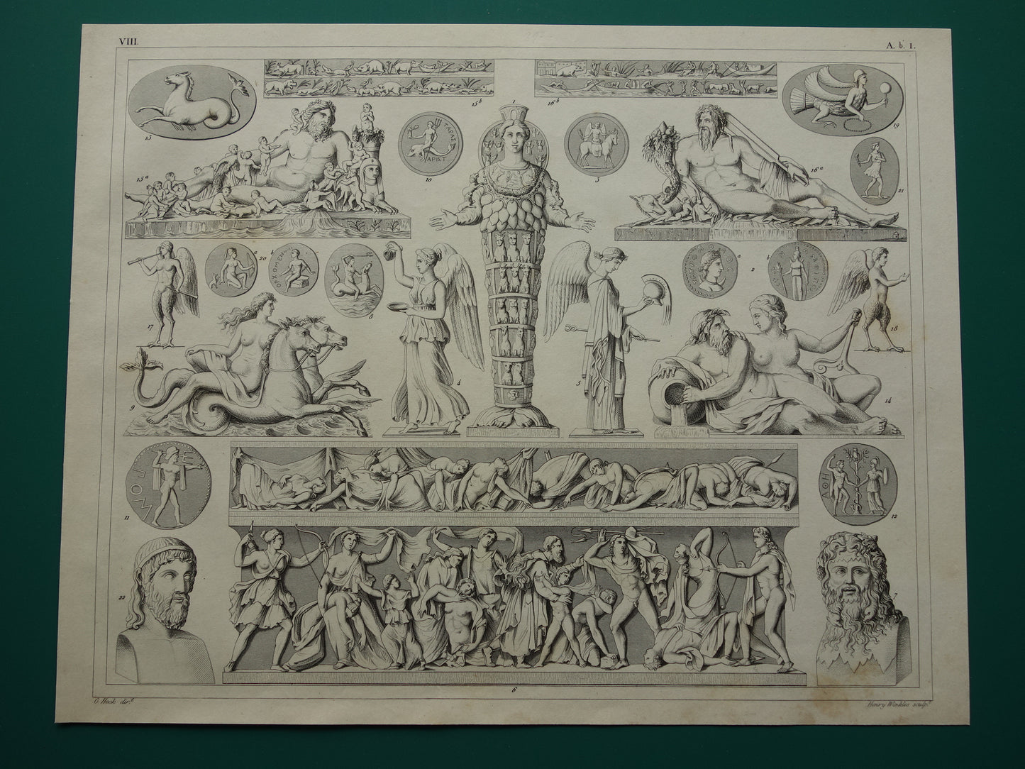 Griekse en Romeinse goden oude print Originele 170+ jaar oude illustratie God Sculpturen Diana Neptunus vintage religie prenten oudheid