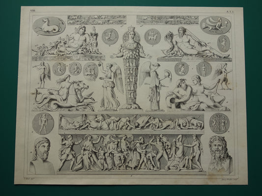 Greek and Roman gods ancient print Original 170+ years old illustration God Sculptures Diana Neptune vintage religion prints antiquity