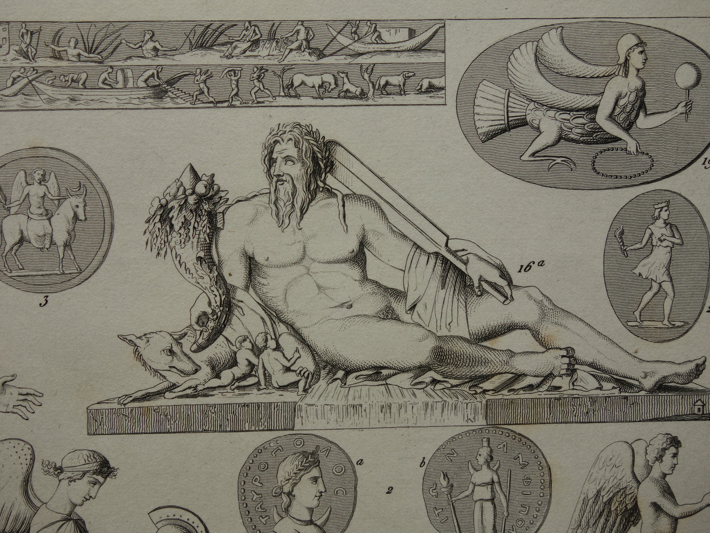 Griekse en Romeinse goden oude print Originele 170+ jaar oude illustratie God Sculpturen Diana Neptunus vintage religie prenten oudheid