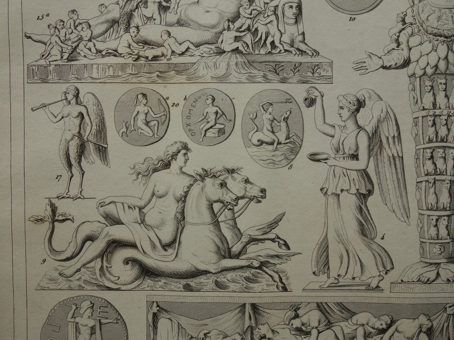 Griekse en Romeinse goden oude print Originele 170+ jaar oude illustratie God Sculpturen Diana Neptunus vintage religie prenten oudheid