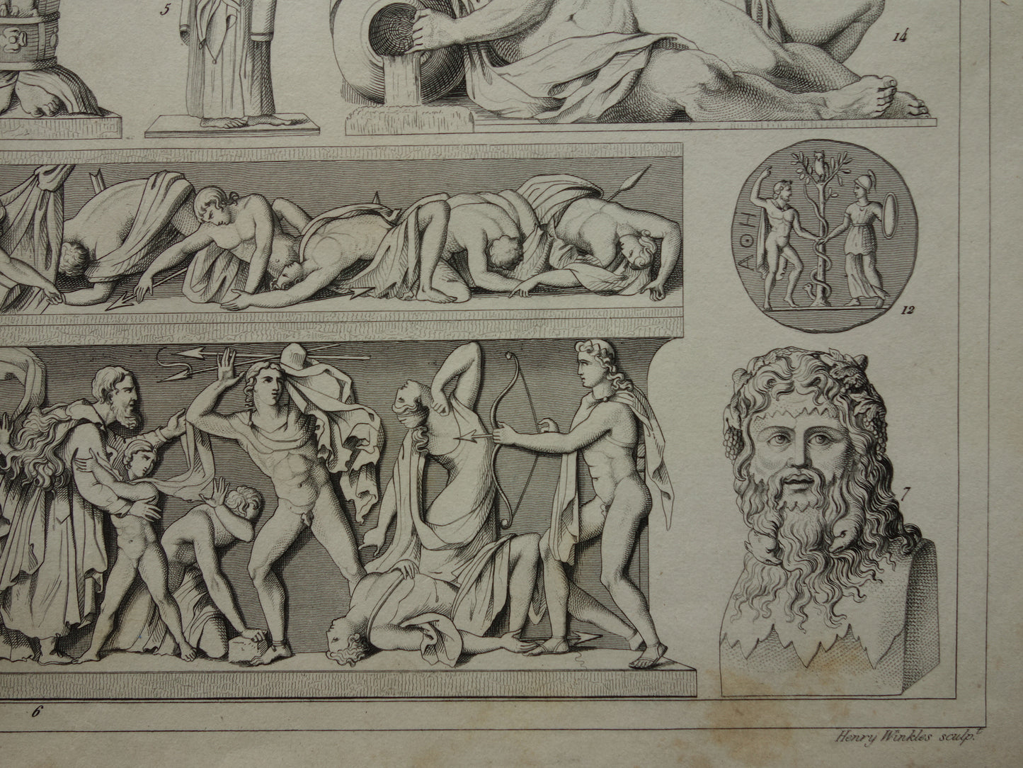 Griekse en Romeinse goden oude print Originele 170+ jaar oude illustratie God Sculpturen Diana Neptunus vintage religie prenten oudheid