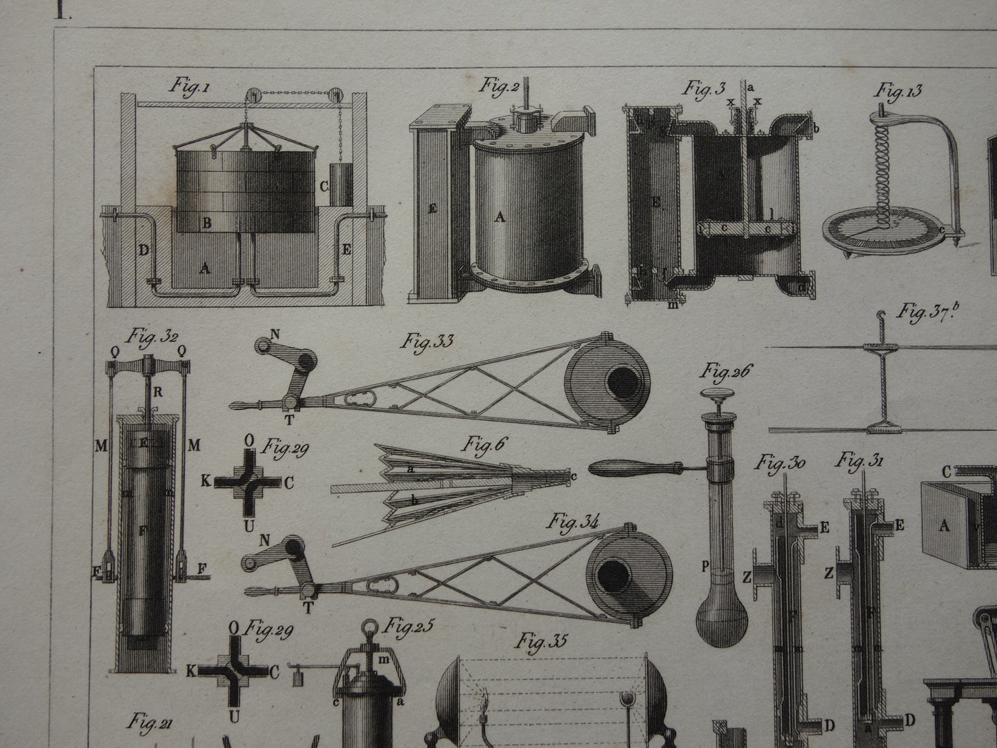 Oude technologie print antieke poster illustratie wetenschappelijke instrumenten laboratorium natuurkunde gas vloeistof thermodynamica pompen pneumatiek