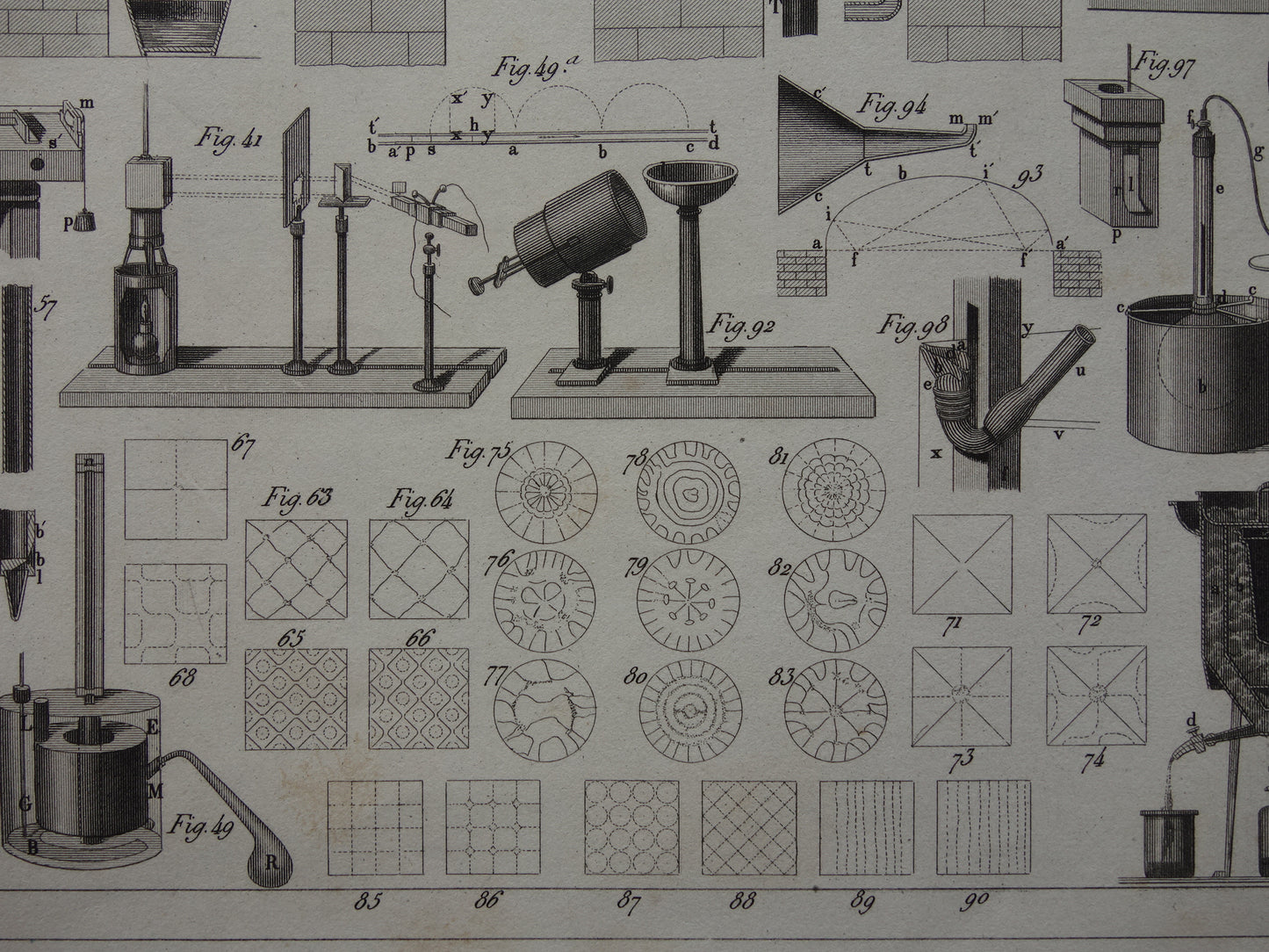 Oude technologie print antieke poster illustratie wetenschappelijke instrumenten laboratorium natuurkunde gas vloeistof thermodynamica pompen pneumatiek