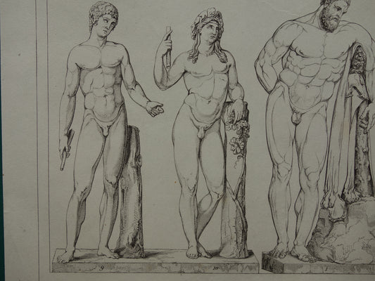 Alter Druck Kunstgeschichte Statuen Herkules Adonis Original Antikdruck Venus Bacchus Amor Kunstskulptur Vintage Illustration Skulpturen
