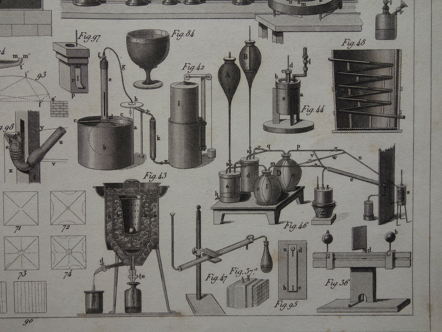 Oude technologie print antieke poster illustratie wetenschappelijke instrumenten laboratorium natuurkunde gas vloeistof thermodynamica pompen pneumatiek