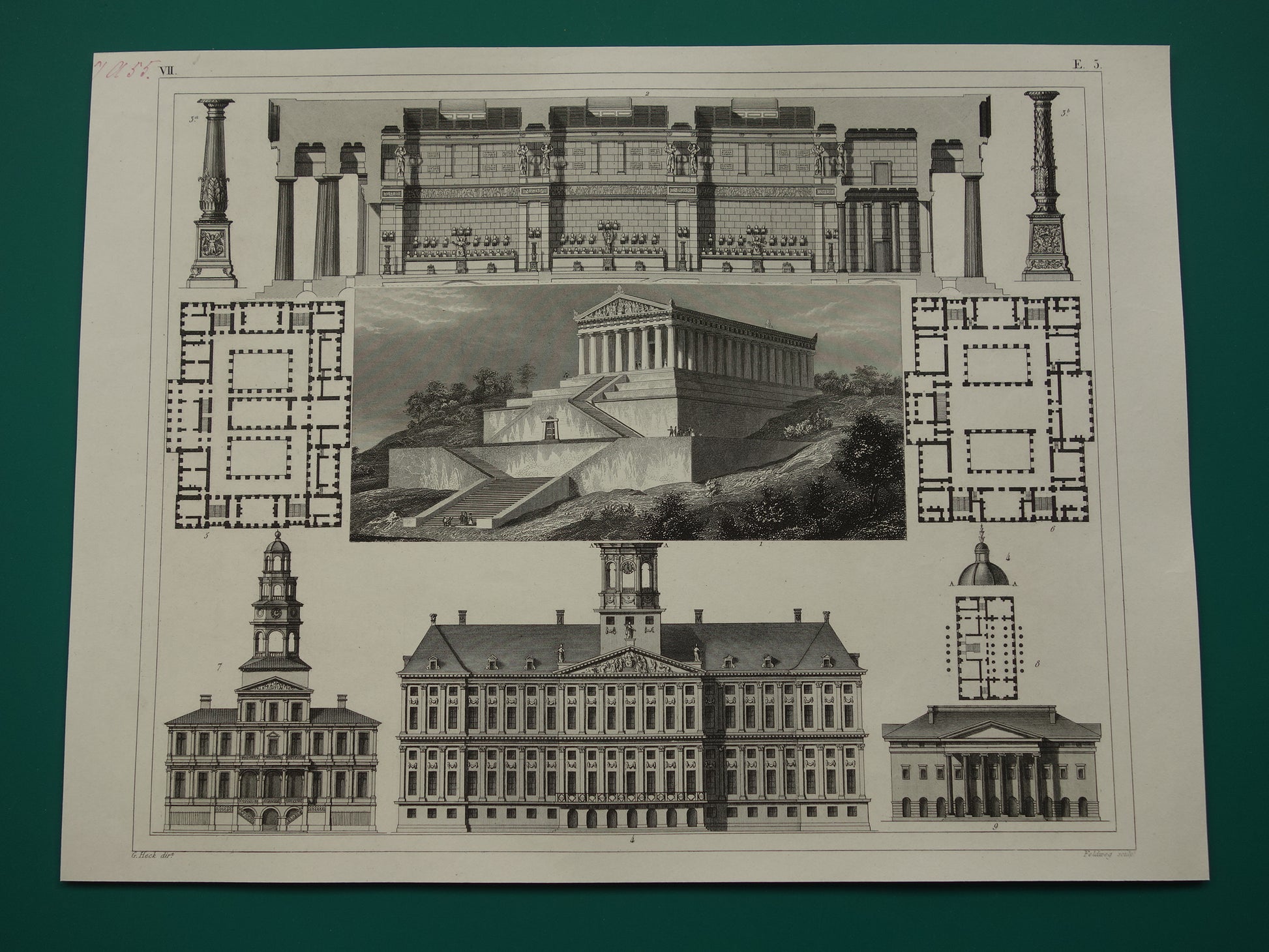 Oude architectuur prent Paleis op de Dam Amsterdam Walhalla Donaustauf Regensburg originele vintage illustratie Stadhuis Maastricht