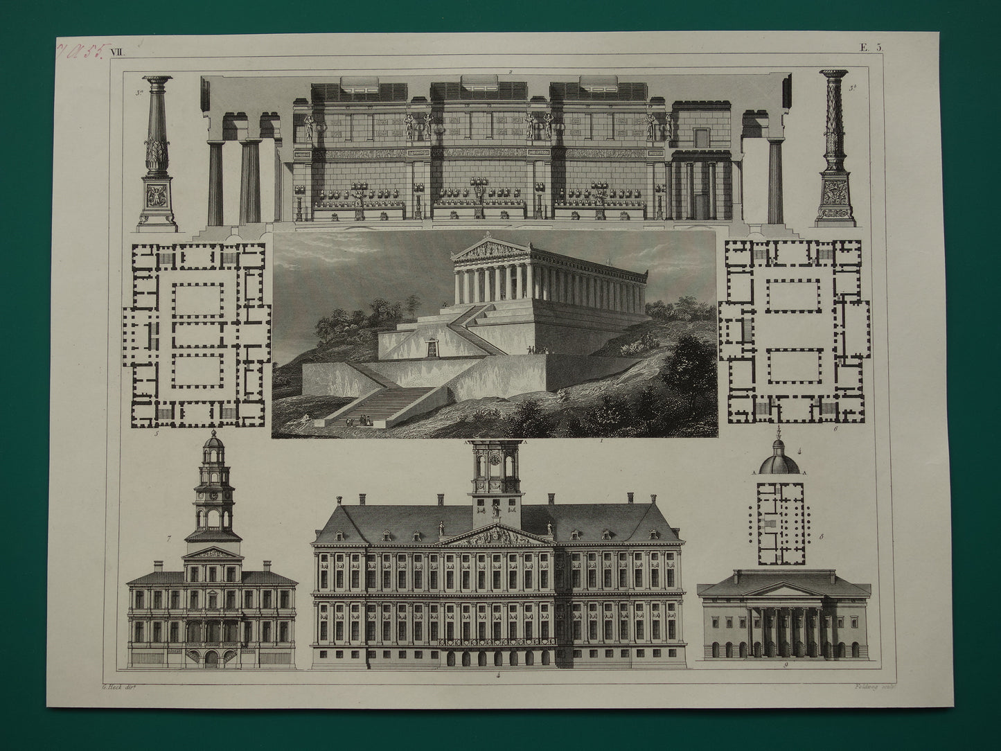 Oude architectuur prent Paleis op de Dam Amsterdam Walhalla Donaustauf Regensburg originele vintage illustratie Stadhuis Maastricht