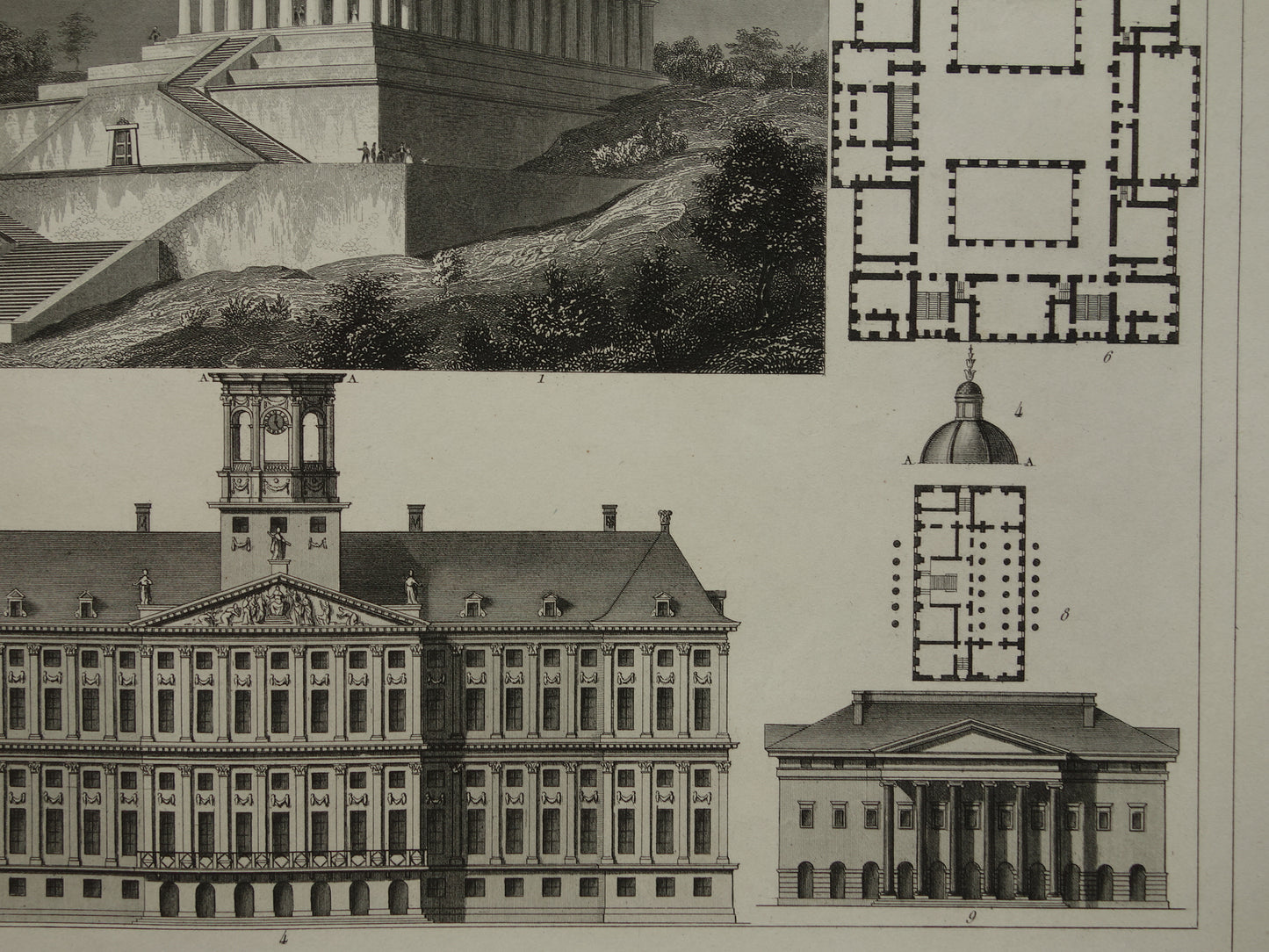 Oude architectuur prent Paleis op de Dam Amsterdam Walhalla Donaustauf Regensburg originele vintage illustratie Stadhuis Maastricht