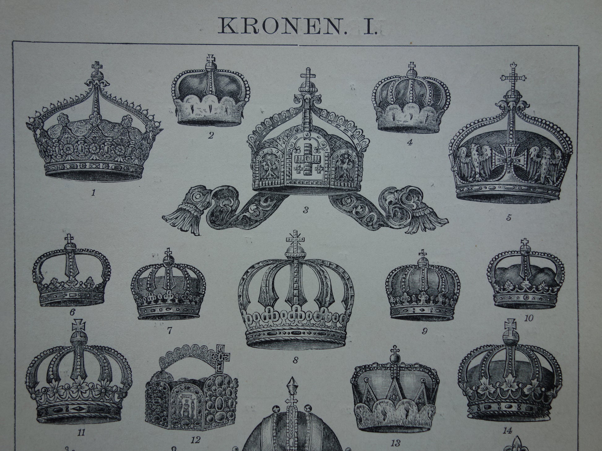 Oude prent van Kronen originele antieke heraldiek illustratie Koninklijke Kroon vintage afbeelding prints