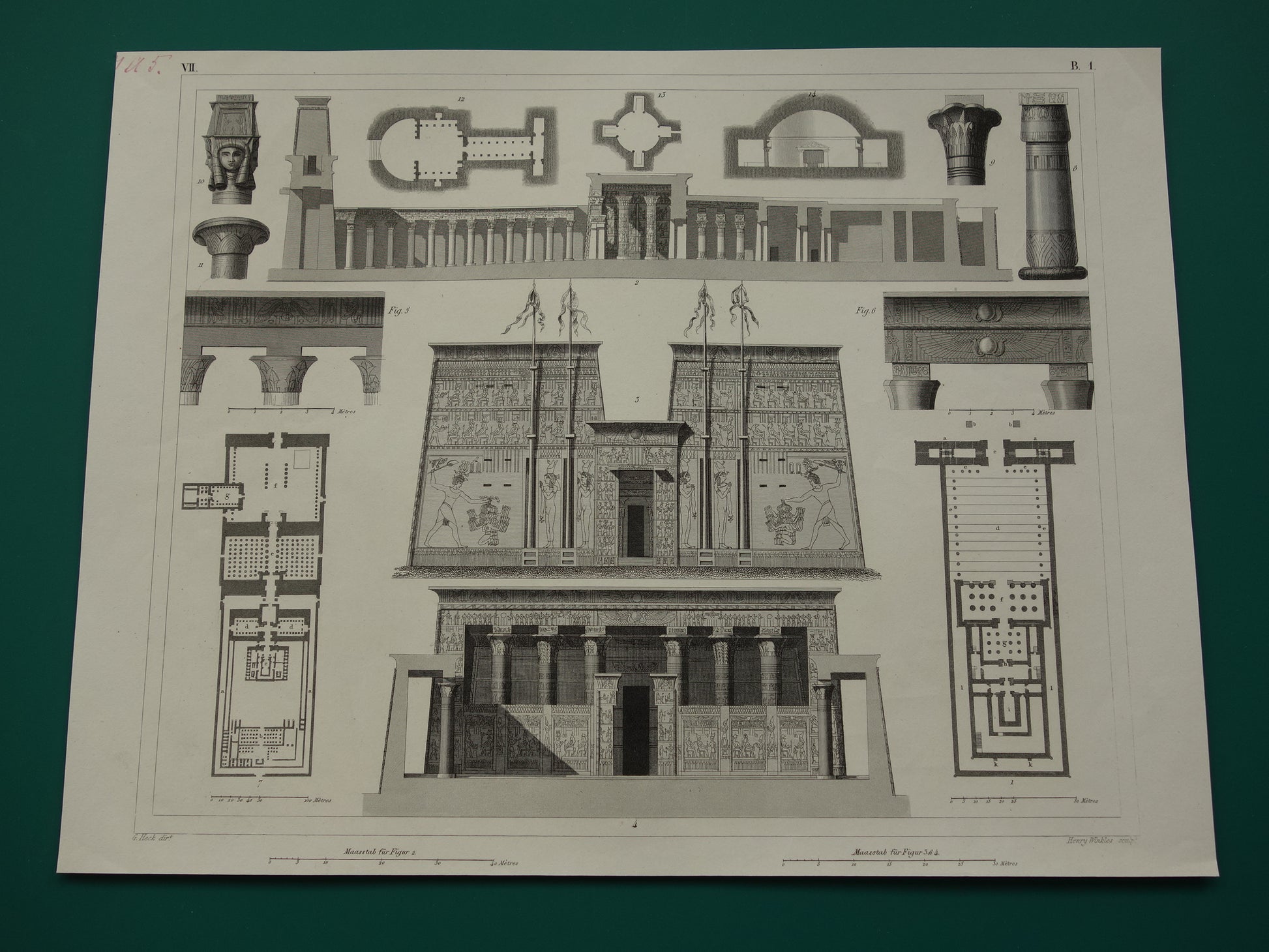 Horus Tempel Edfu Egypte Vintage Architectuur Print 170+ jaar oude prent van Edfu tempelzaal antieke illustratie