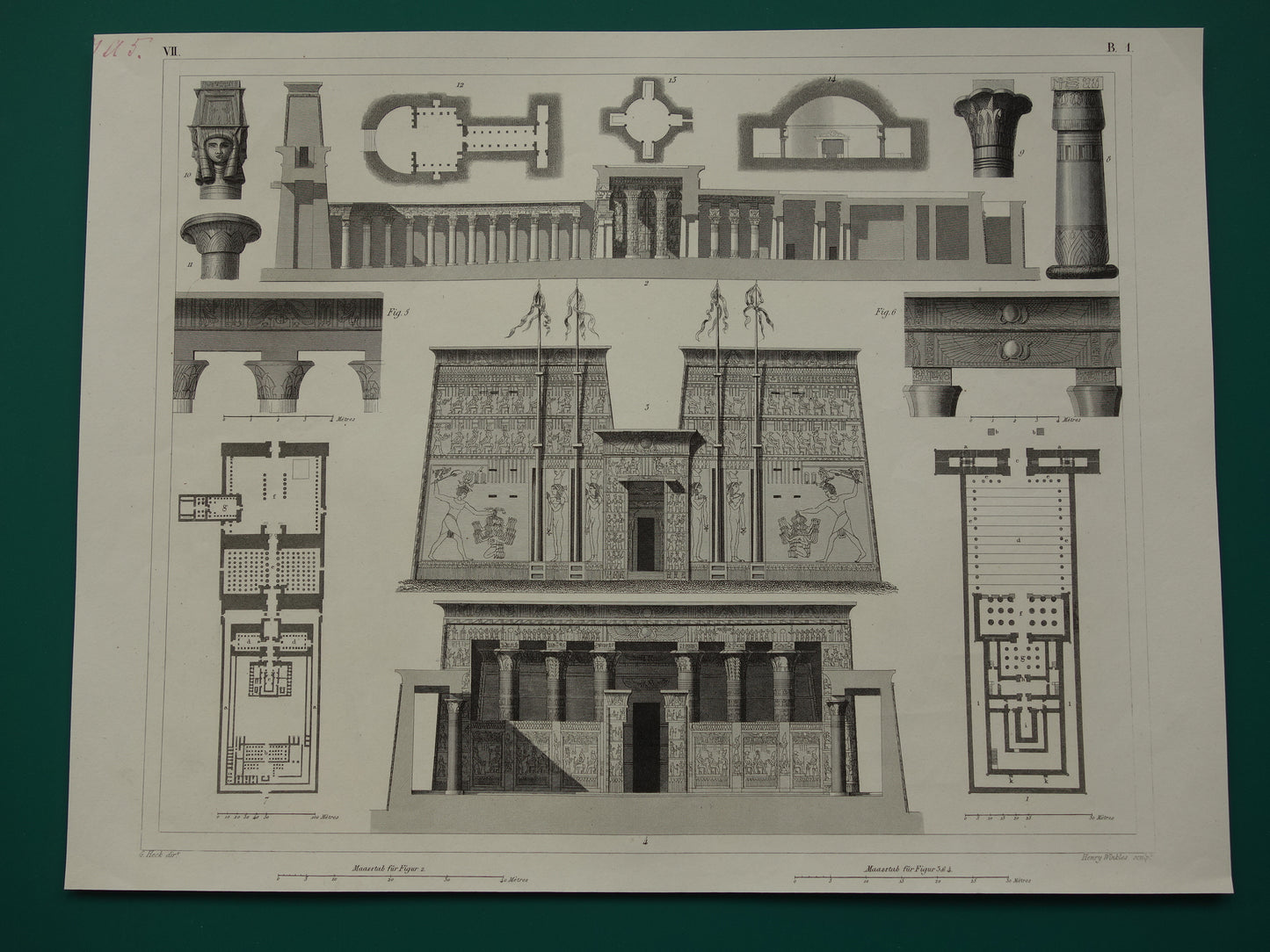 Horus Tempel Edfu Egypte Vintage Architectuur Print 170+ jaar oude prent van Edfu tempelzaal antieke illustratie