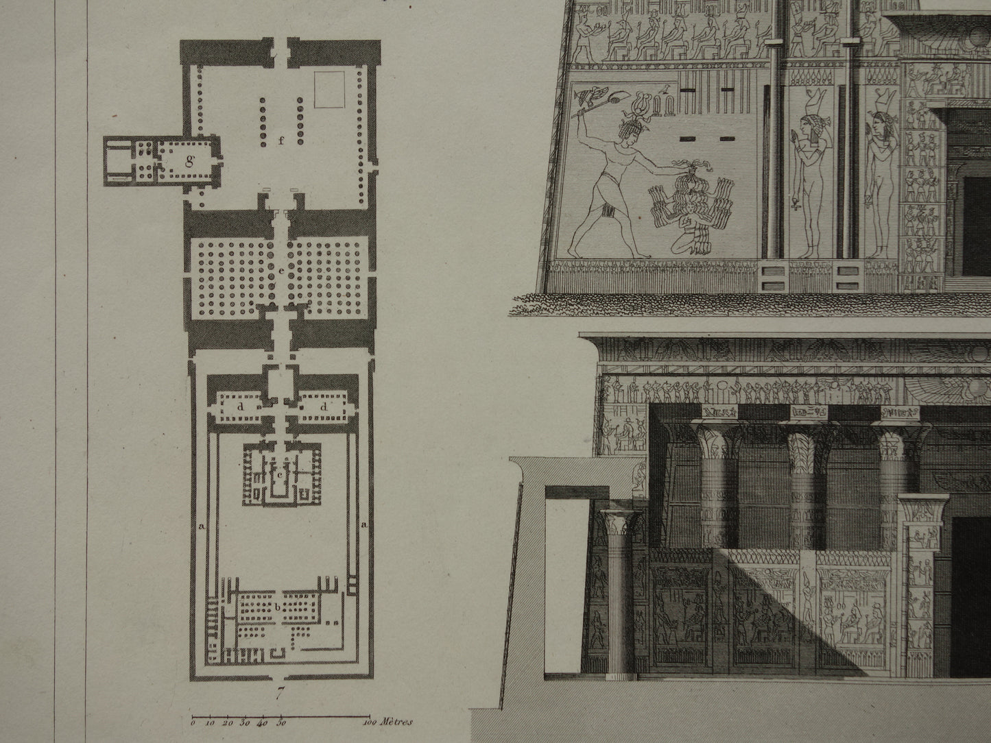 Horus Tempel Edfu Egypte Vintage Architectuur Print 170+ jaar oude prent van Edfu tempelzaal antieke illustratie