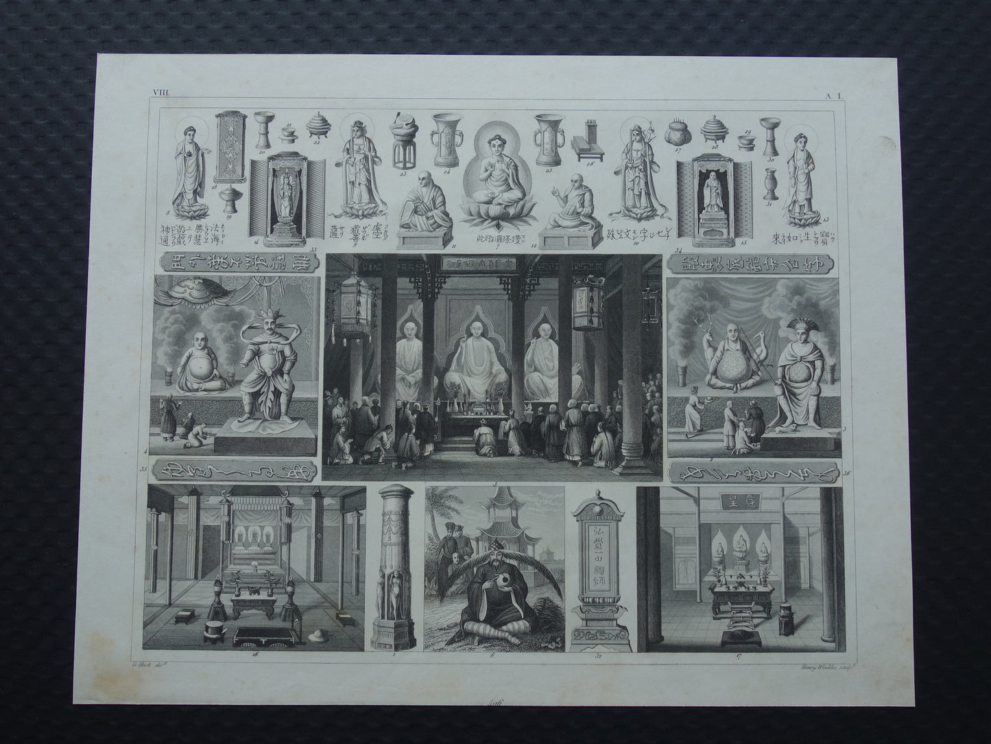 Oude prent over Oosterse religies 1849 originele antieke illustratie goden Boeddhisme vintage print Hindoeïsme