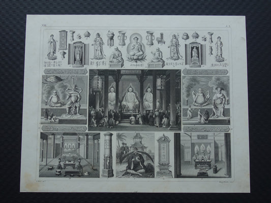 Oude prent over Oosterse religies 1849 originele antieke illustratie goden Boeddhisme vintage print Hindoeïsme