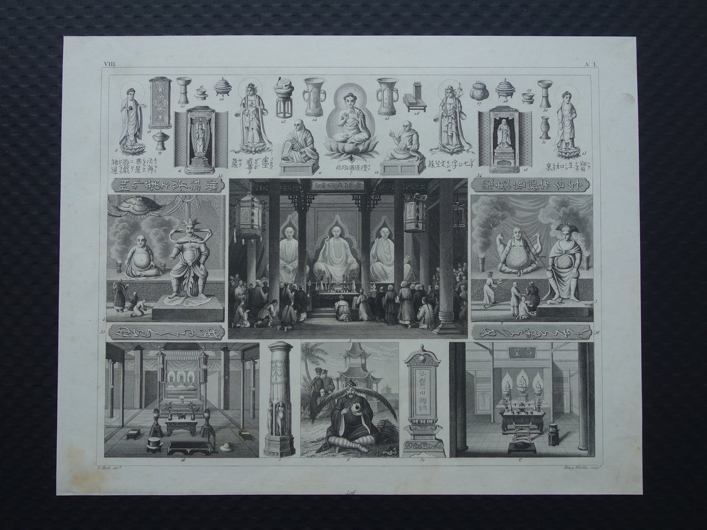 Oude prent over Oosterse religies 1849 originele antieke illustratie goden Boeddhisme vintage print Hindoeïsme