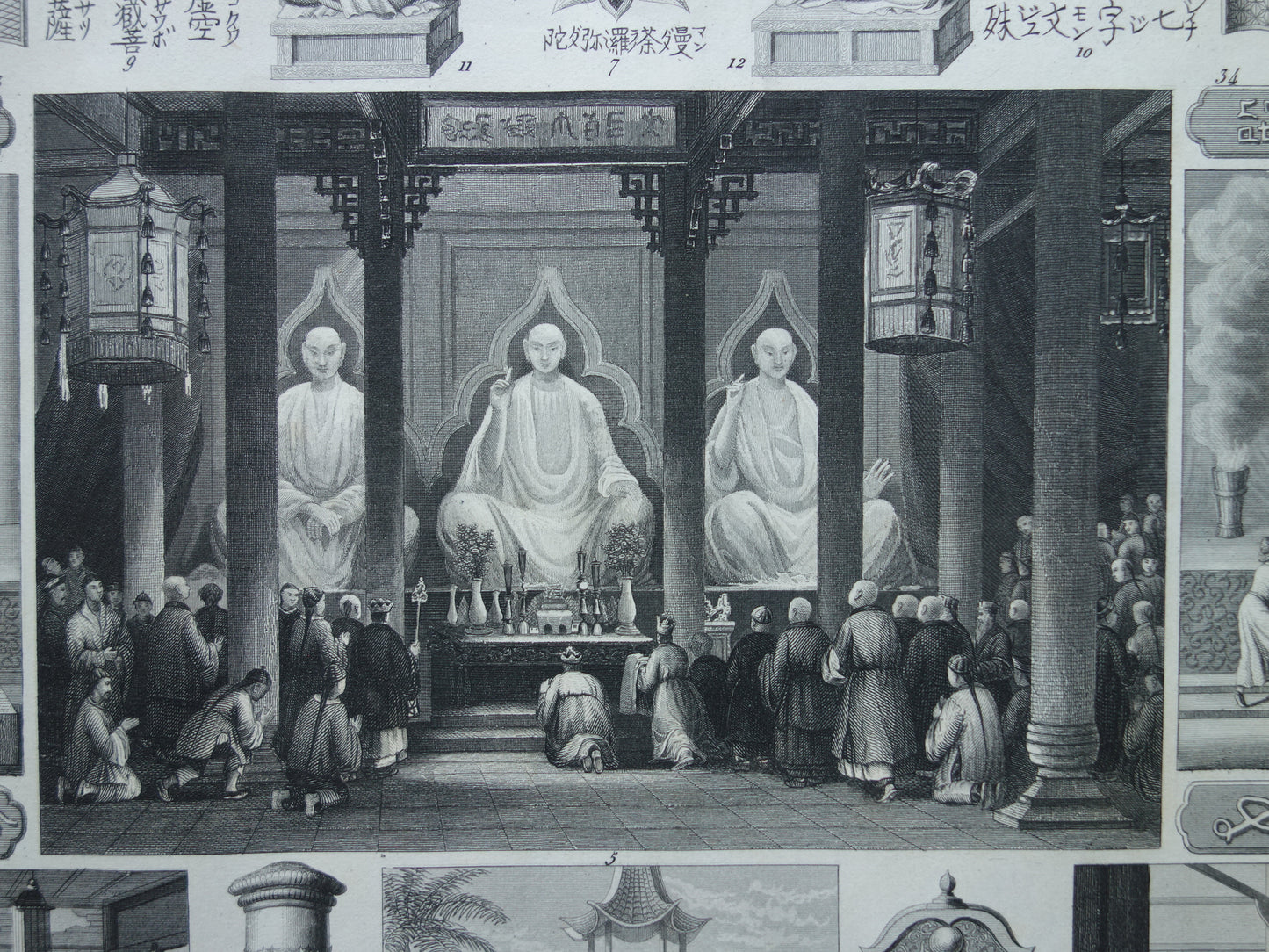 Oude prent over Oosterse religies 1849 originele antieke illustratie goden Boeddhisme vintage print Hindoeïsme