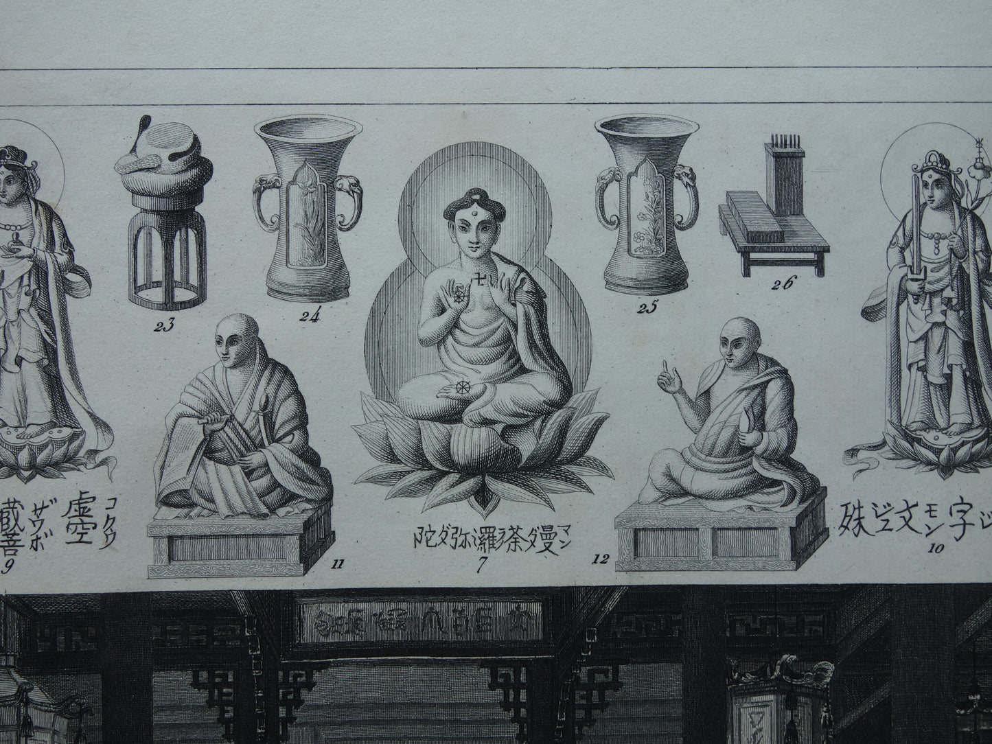 Oude prent over Oosterse religies 1849 originele antieke illustratie goden Boeddhisme vintage print Hindoeïsme