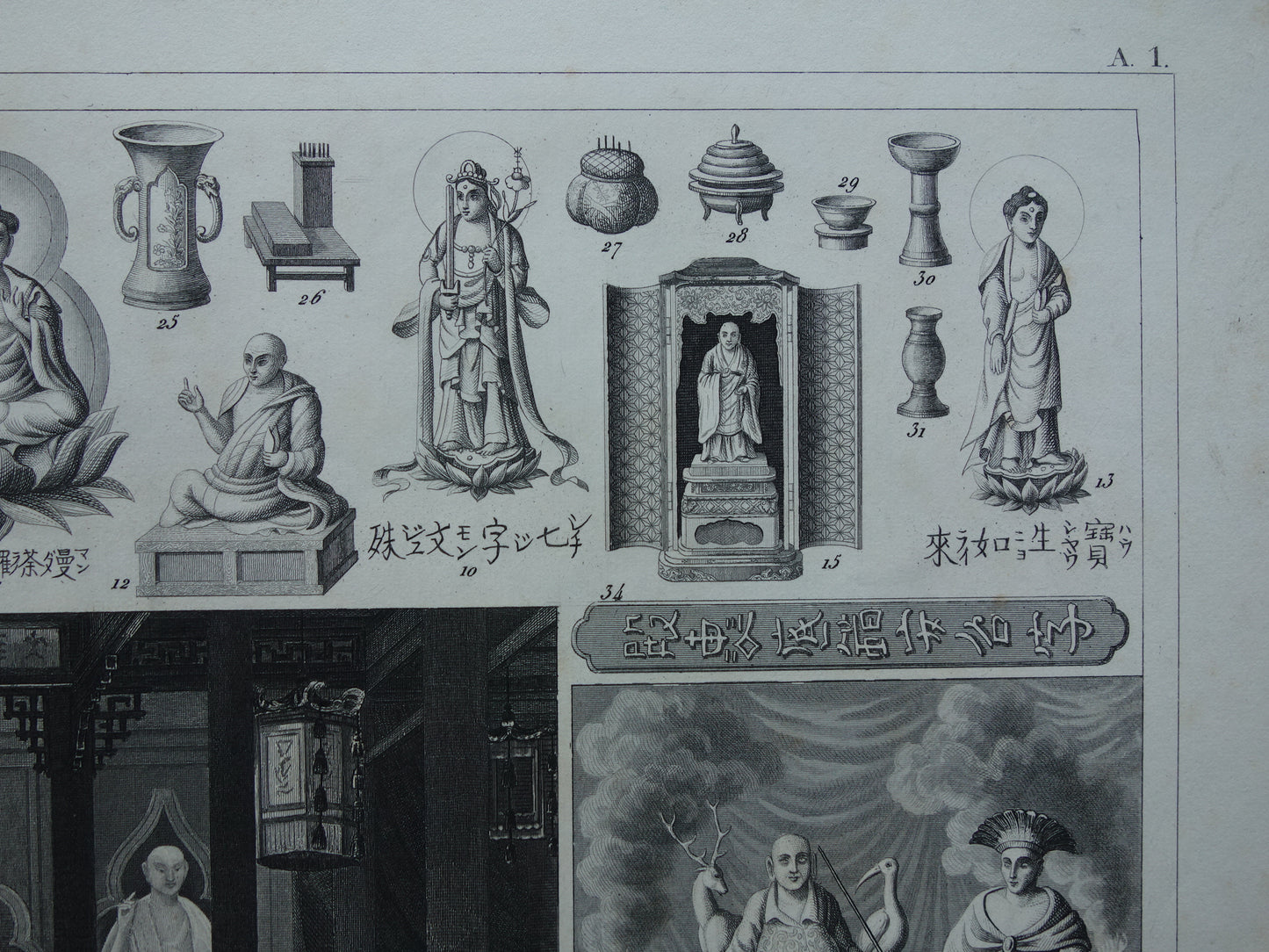 Oude prent over Oosterse religies 1849 originele antieke illustratie goden Boeddhisme vintage print Hindoeïsme