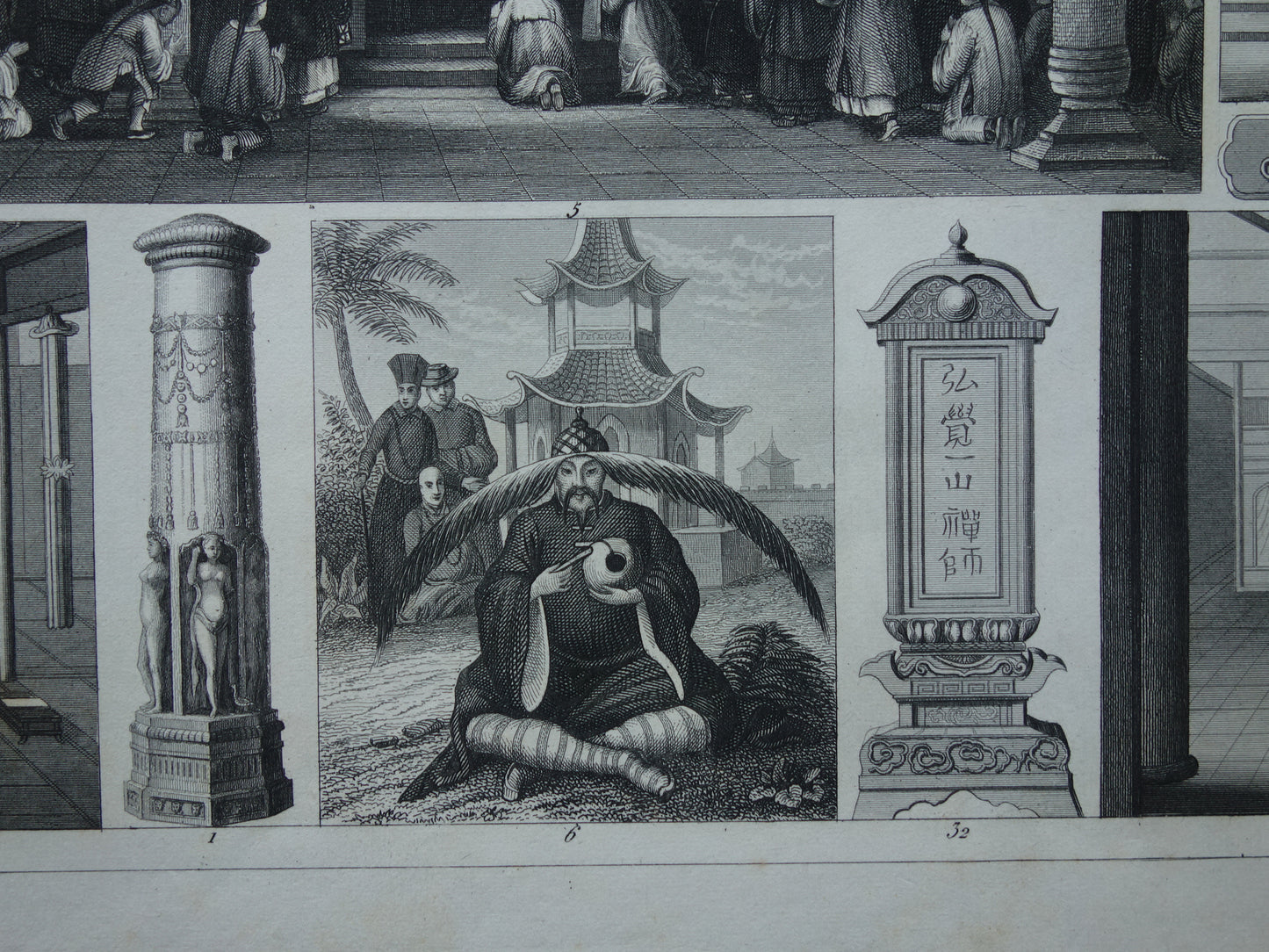 Oude prent over Oosterse religies 1849 originele antieke illustratie goden Boeddhisme vintage print Hindoeïsme
