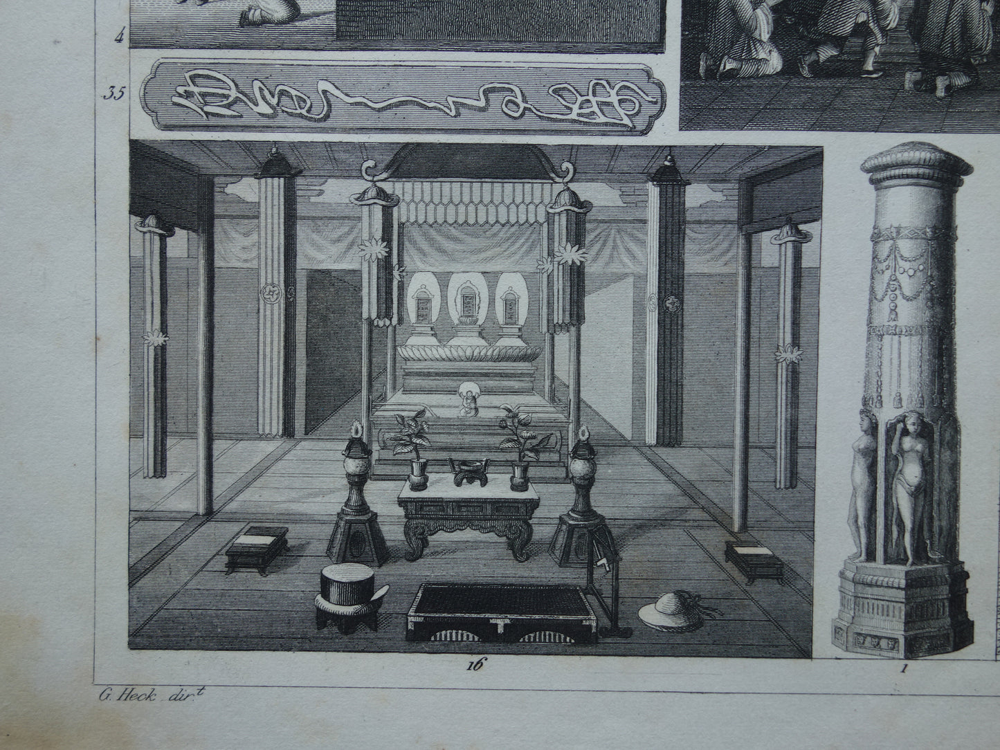 Oude prent over Oosterse religies 1849 originele antieke illustratie goden Boeddhisme vintage print Hindoeïsme