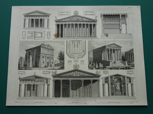 Vintage print van Griekse en Romeinse architectuur Originele antieke illustratie tempels Oude prenten tempel Rome Nîmes
