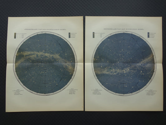 Oude Astronomie prenten van de noordelijke en zuidelijke sterrenhemel 1922 originele vintage Nederlandse prints sterren print