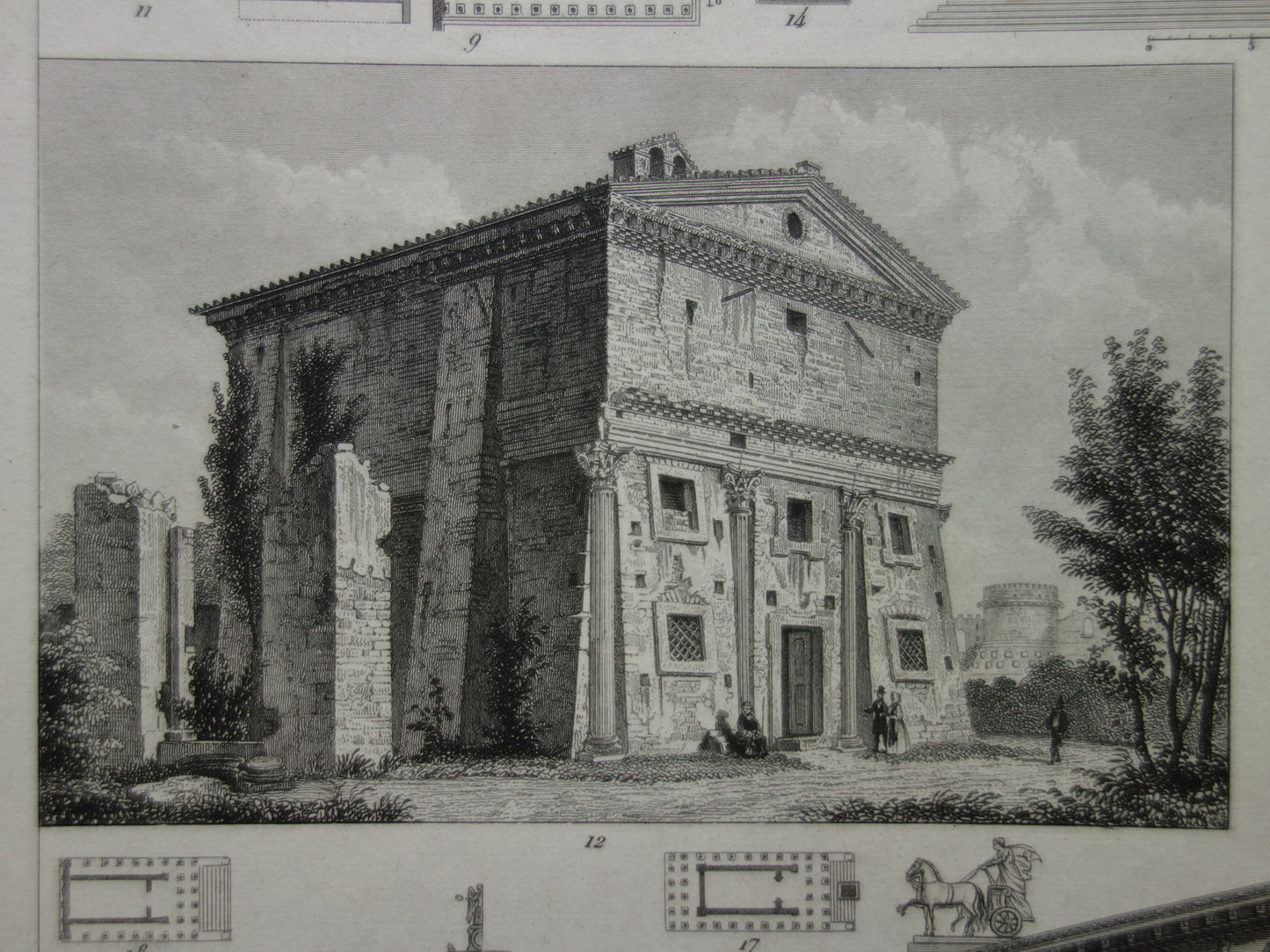 Vintage print van Griekse en Romeinse architectuur Originele antieke illustratie tempels Oude prenten tempel Rome Nîmes