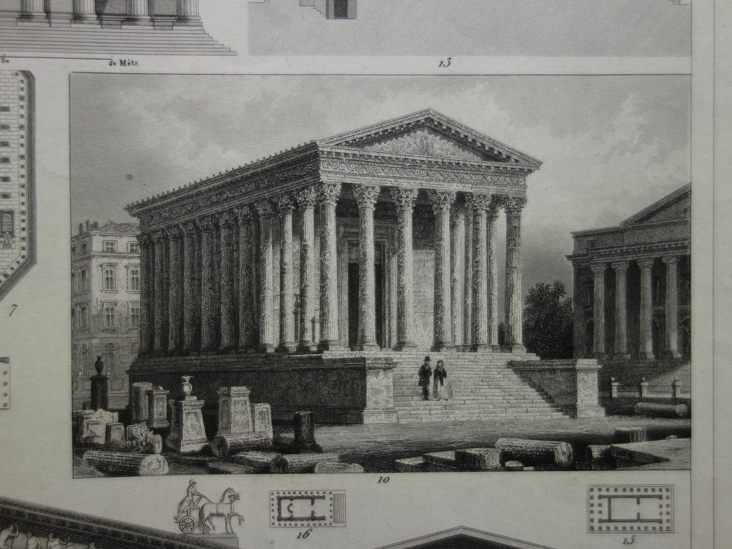 Vintage print van Griekse en Romeinse architectuur Originele antieke illustratie tempels Oude prenten tempel Rome Nîmes