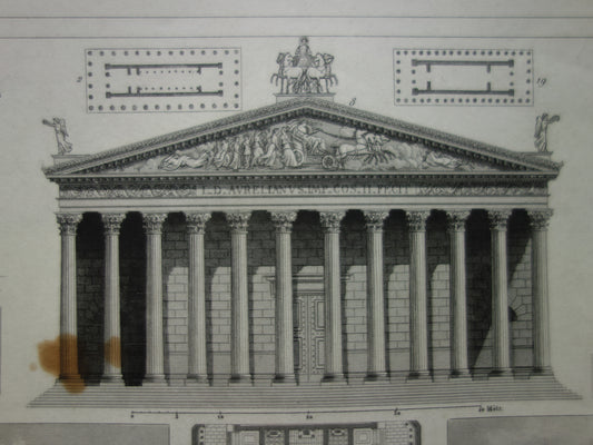 Vintage print van Griekse en Romeinse architectuur Originele antieke illustratie tempels Oude prenten tempel Rome Nîmes