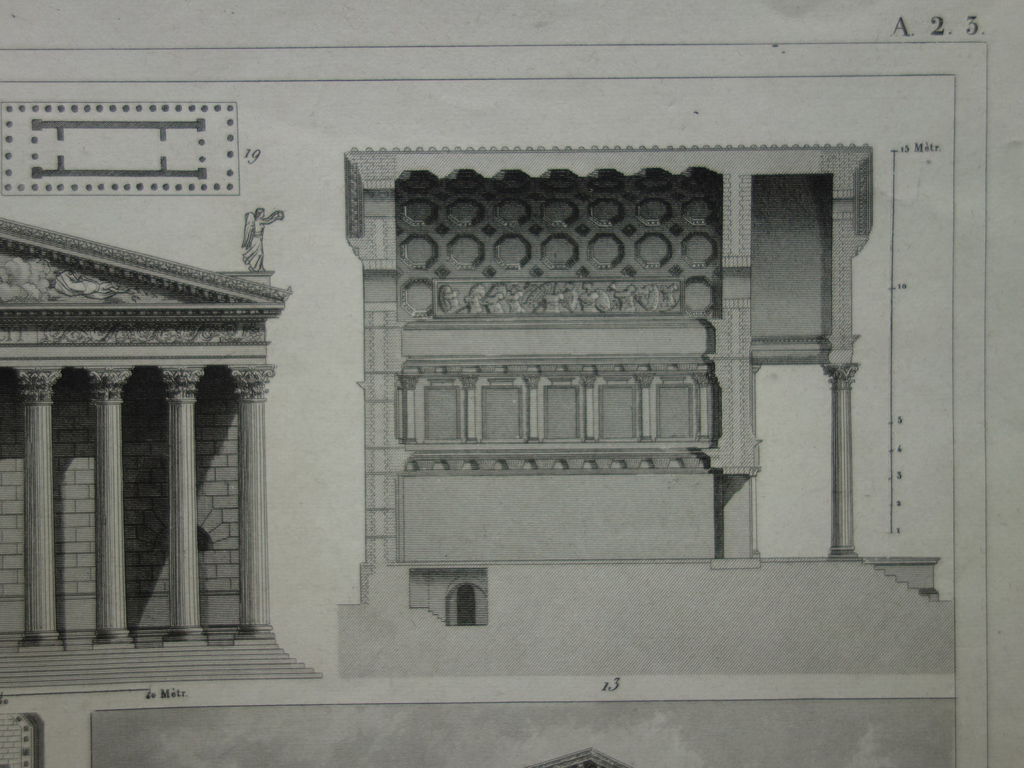 Vintage print van Griekse en Romeinse architectuur Originele antieke illustratie tempels Oude prenten tempel Rome Nîmes