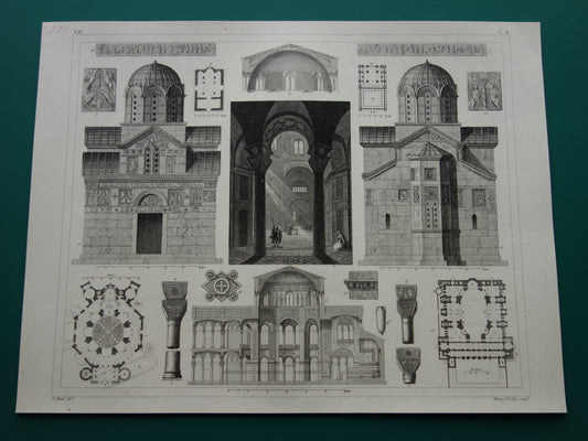 Byzantijnse Romeinse architectuur antieke prent 170+ jaar oude print van Basilica di San Vitale Ravenna Haga Sophia Catholicon originele vintage illustratie