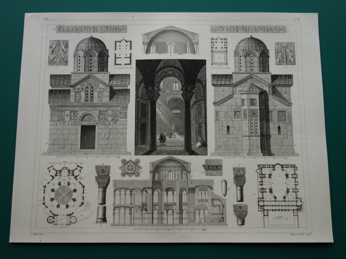 Byzantijnse Romeinse architectuur antieke prent 170+ jaar oude print van Basilica di San Vitale Ravenna Haga Sophia Catholicon originele vintage illustratie