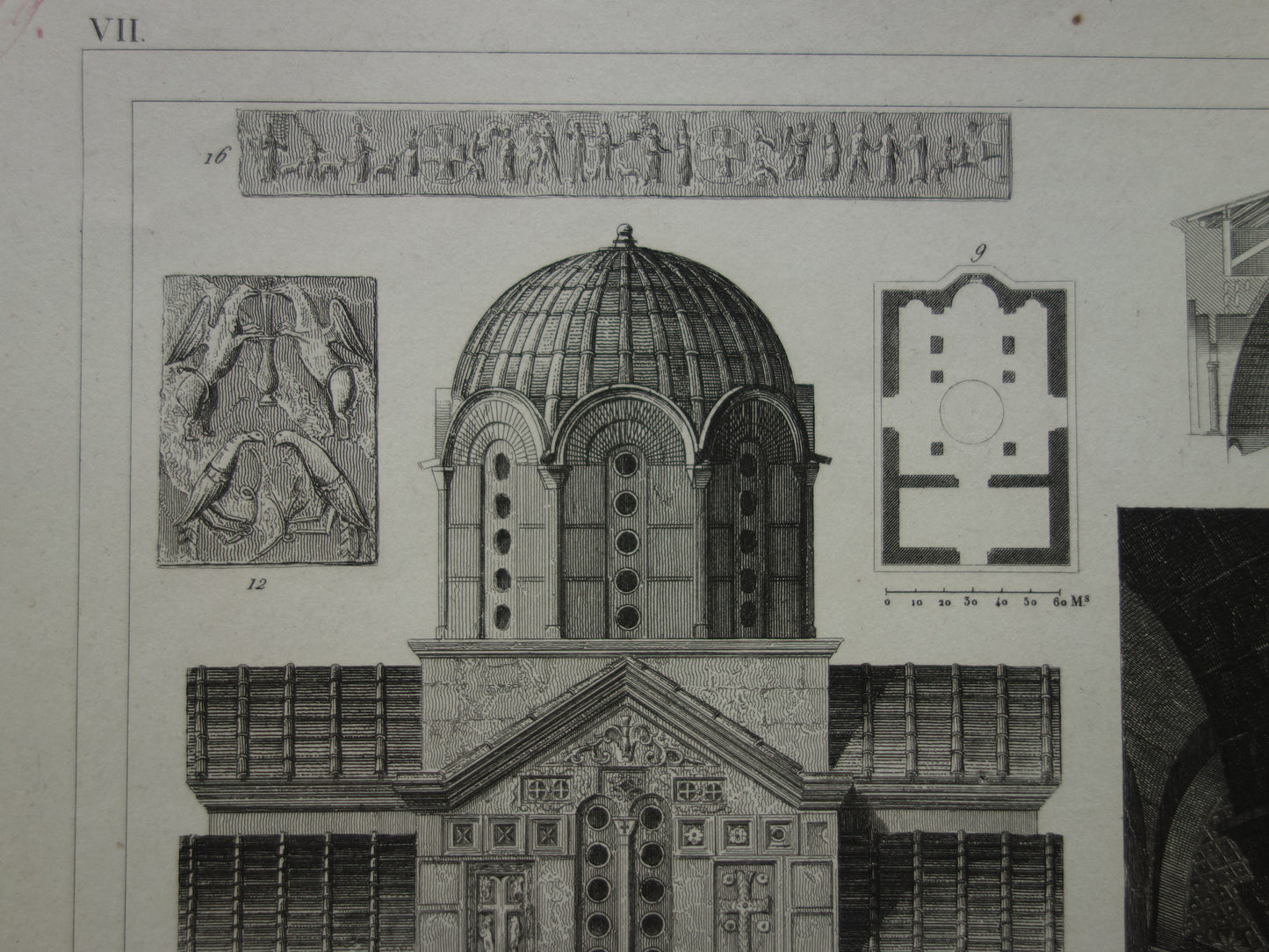 Byzantijnse Romeinse architectuur antieke prent 170+ jaar oude print van Haga Sophia Basilica di San Vitale Ravenna Catholicon originele vintage illustratie