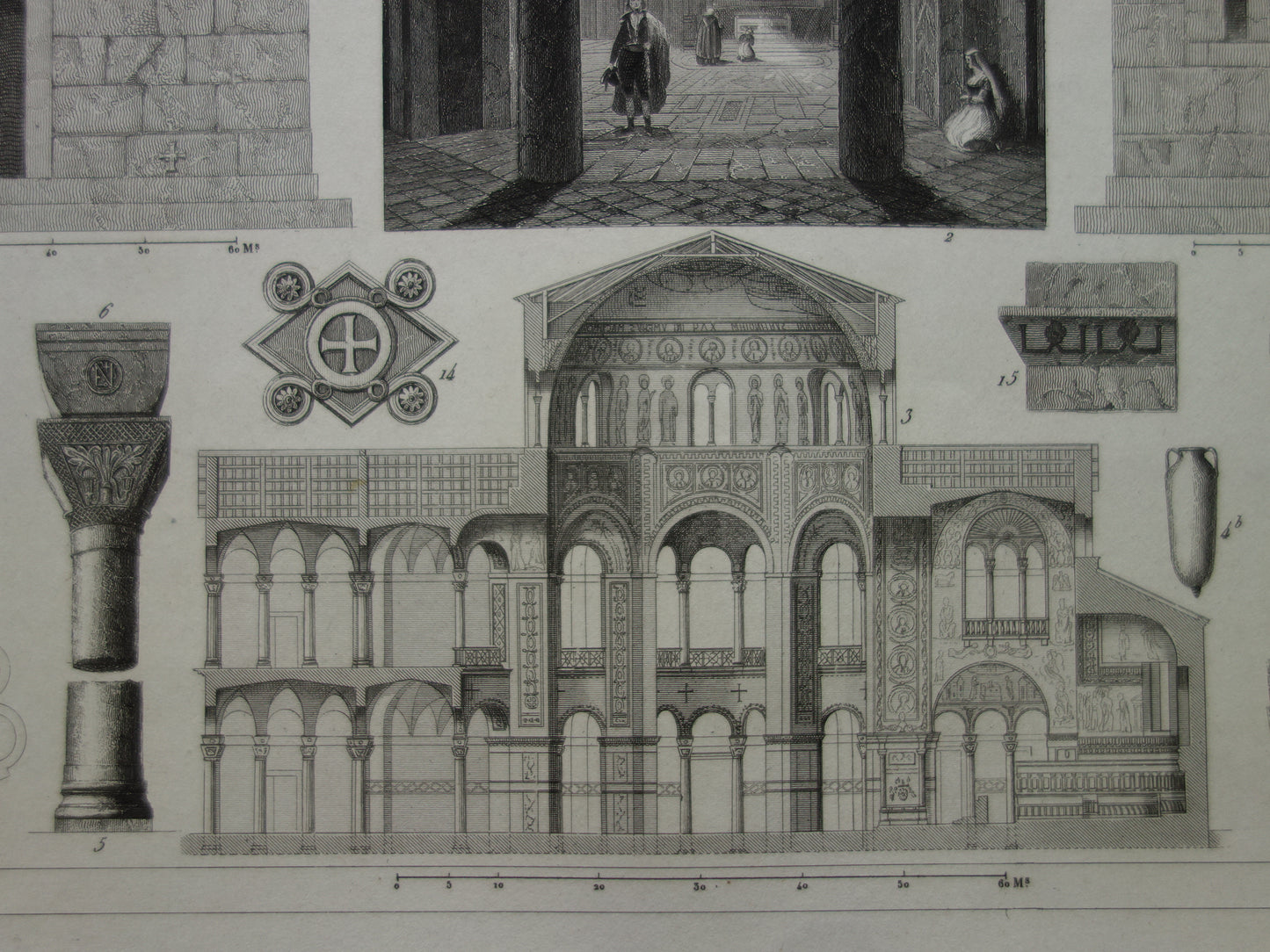 Byzantijnse Romeinse architectuur antieke prent 170+ jaar oude print van Haga Sophia Basilica di San Vitale Ravenna Catholicon originele vintage illustratie