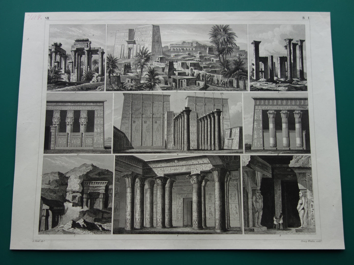 Old print Egypt Edfu Temple Antique Architecture Print Karnak Dendera temples illustration