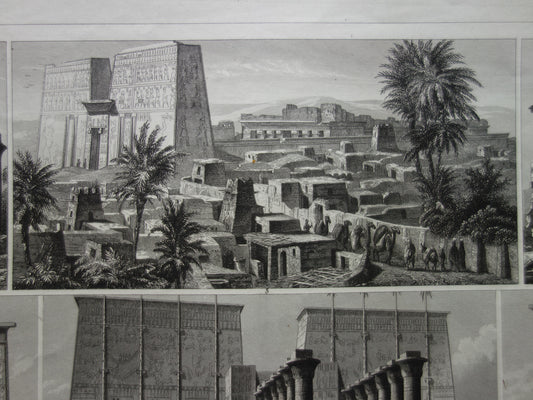 Old print Egypt Edfu Temple Antique Architecture Print Karnak Dendera temples illustration