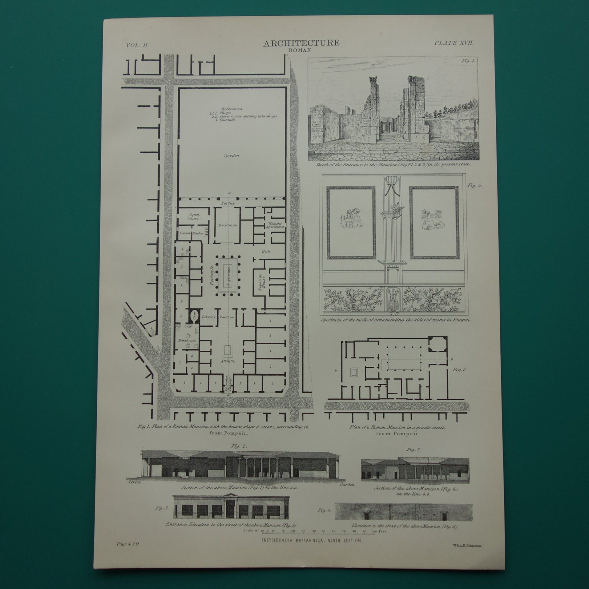 Oude prent Pompeii Romeinse Architectuur Print 1875 originele antieke Engelse illustratie Villa in Pompeii