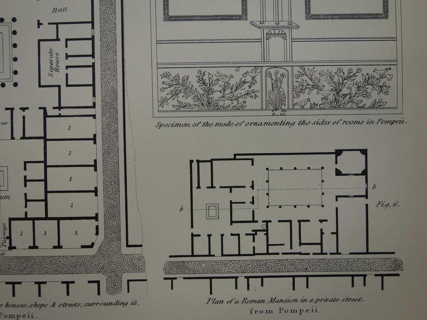 Oude prent Pompeii Romeinse Architectuur Print 1875 originele antieke Engelse illustratie Villa in Pompeii