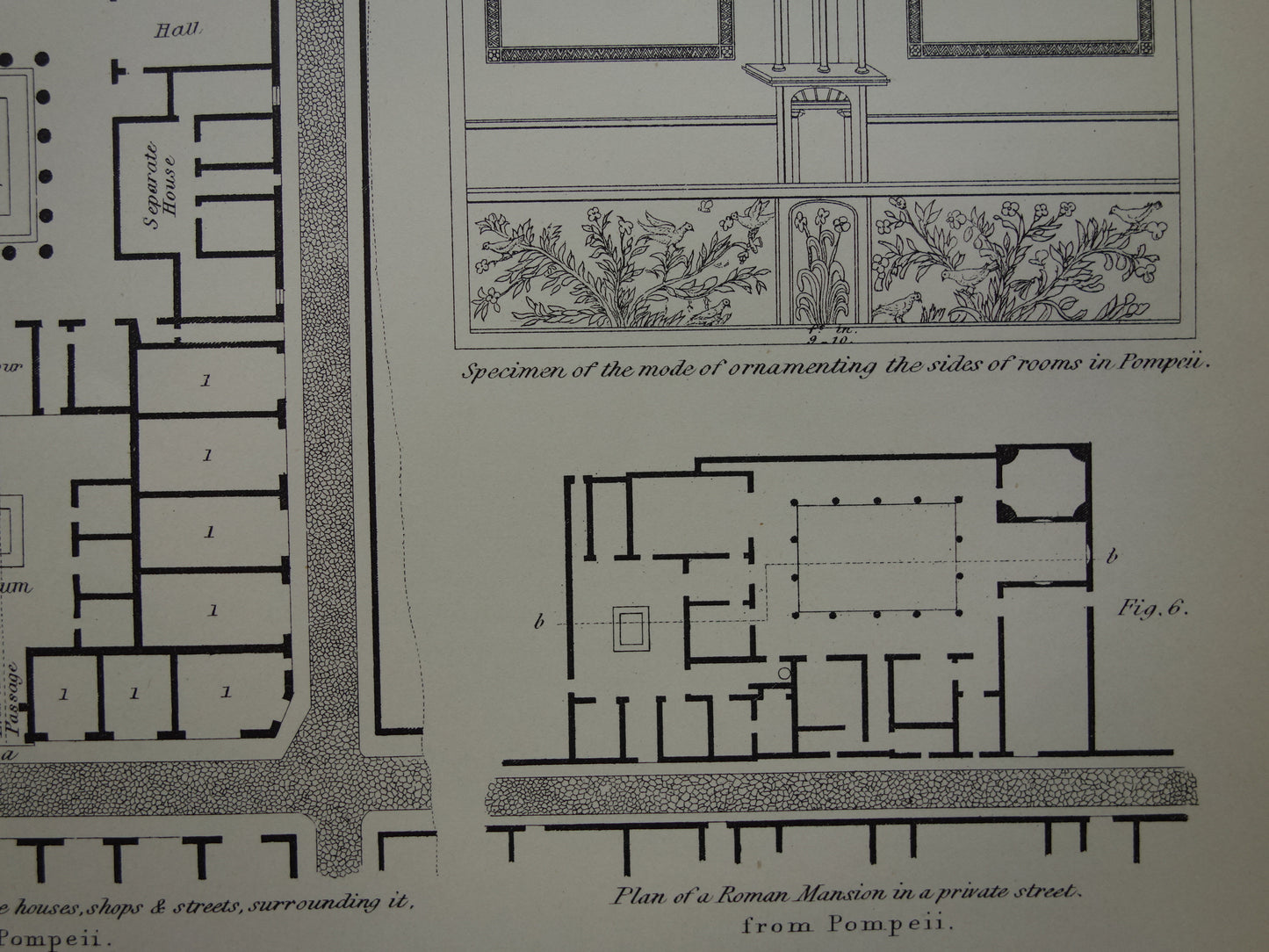 Old print Pompeii Roman Architecture Print 1875 original antique English illustration Villa in Pompeii